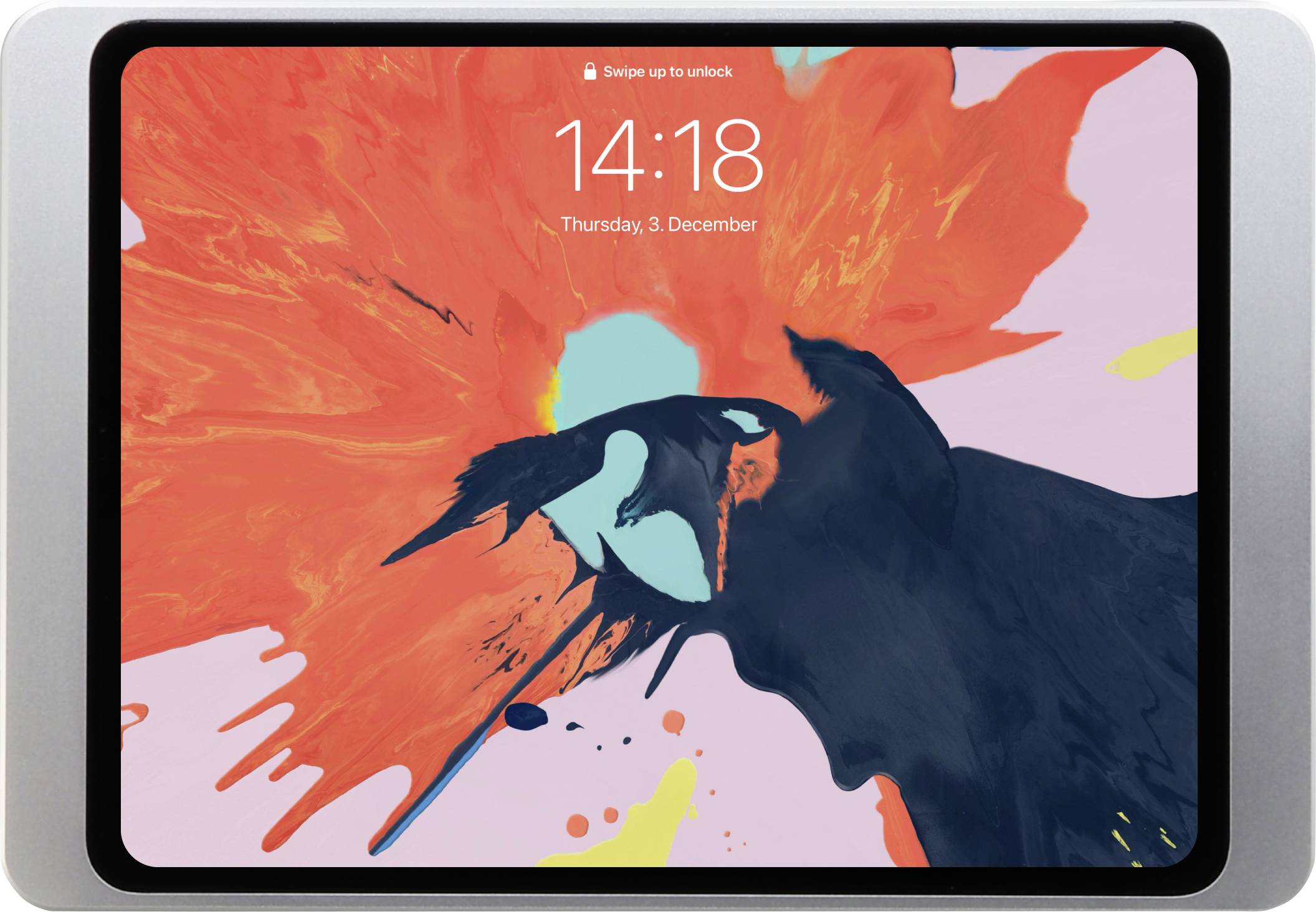 Ein Tablet mit einem farbenfrohen, abstrakten Kunstwerk auf dem Bildschirm. Oben steht 'Swipe up to unlock', mit der Zeit 14:18.