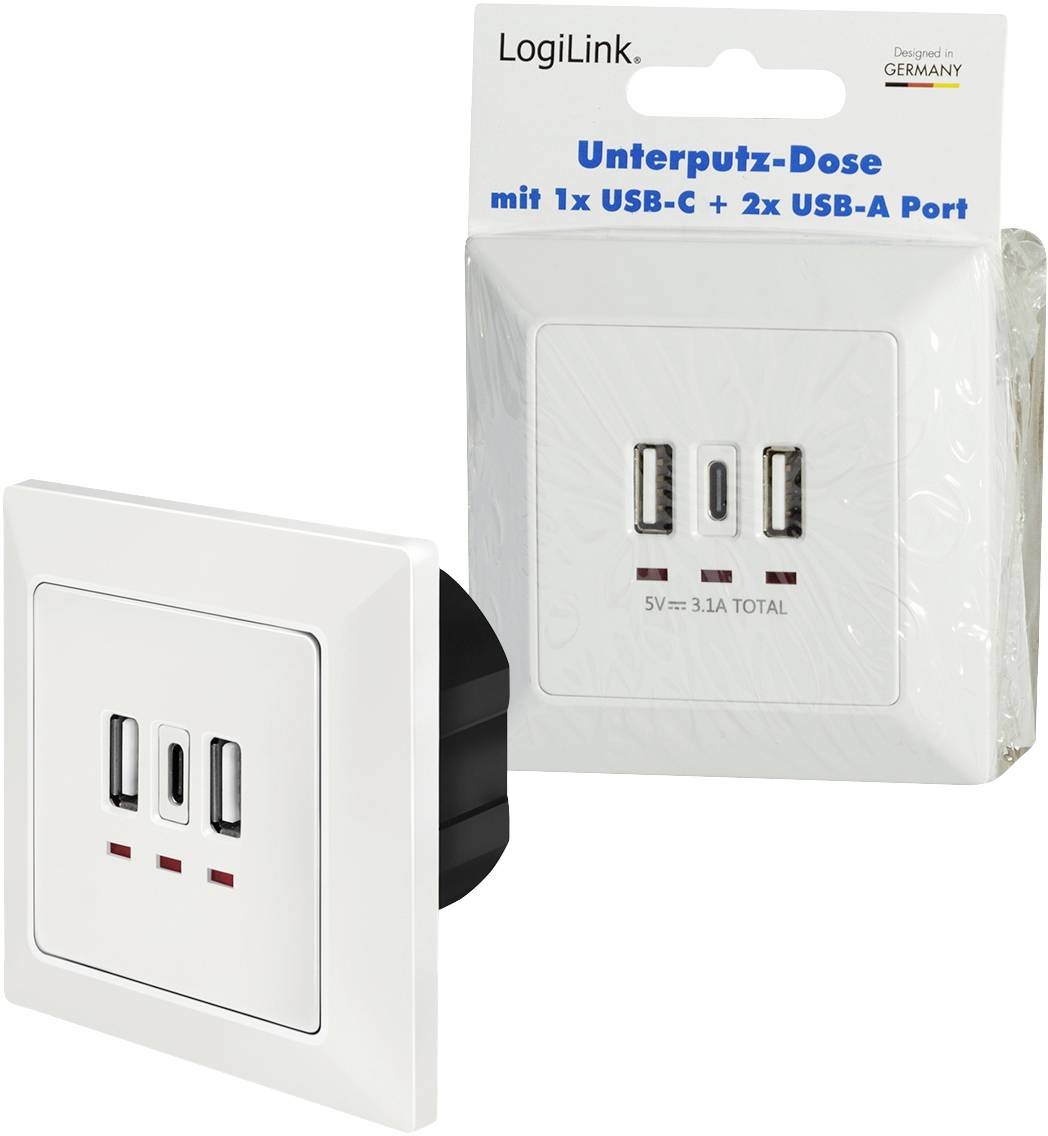 LogiLink PA0254 Unterputz-Dose mit USB-Ladeausgang Weiß