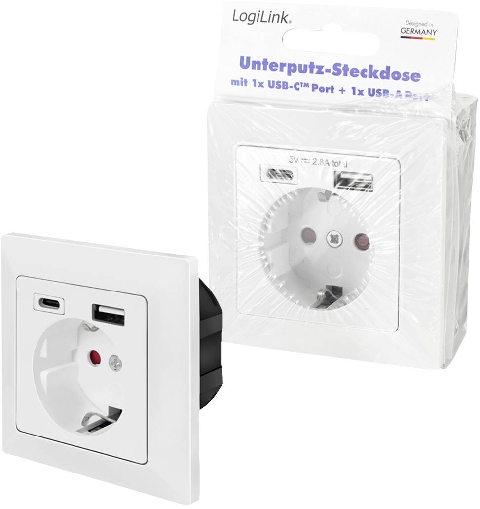 LogiLink PA0262 Unterputz-Steckdose mit USB-Ladeausgang, erhöhter Berührungsschutz Weiß