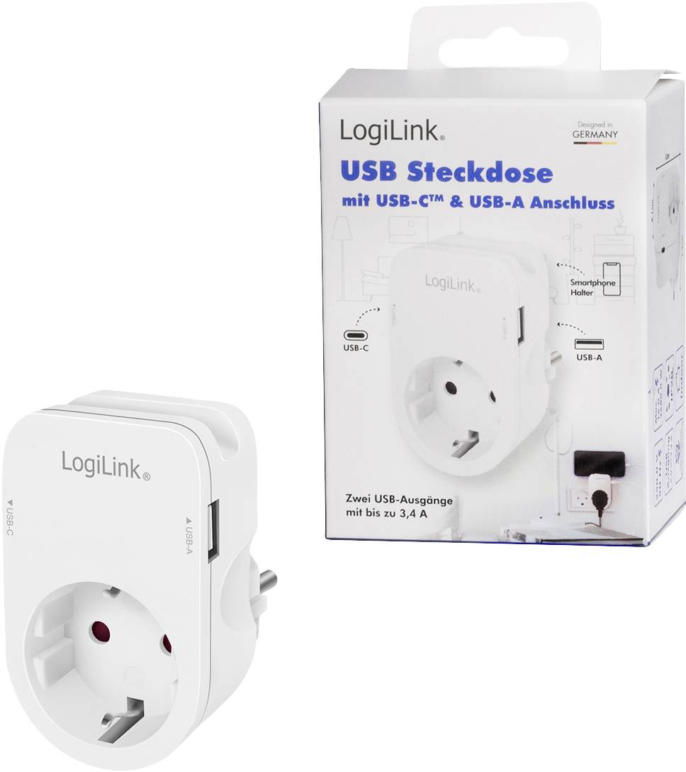LogiLink PA0259 Anschlussdose mit USB-Ladeausgang, erhöhter Berührungsschutz, Überspannungsschutz IP20