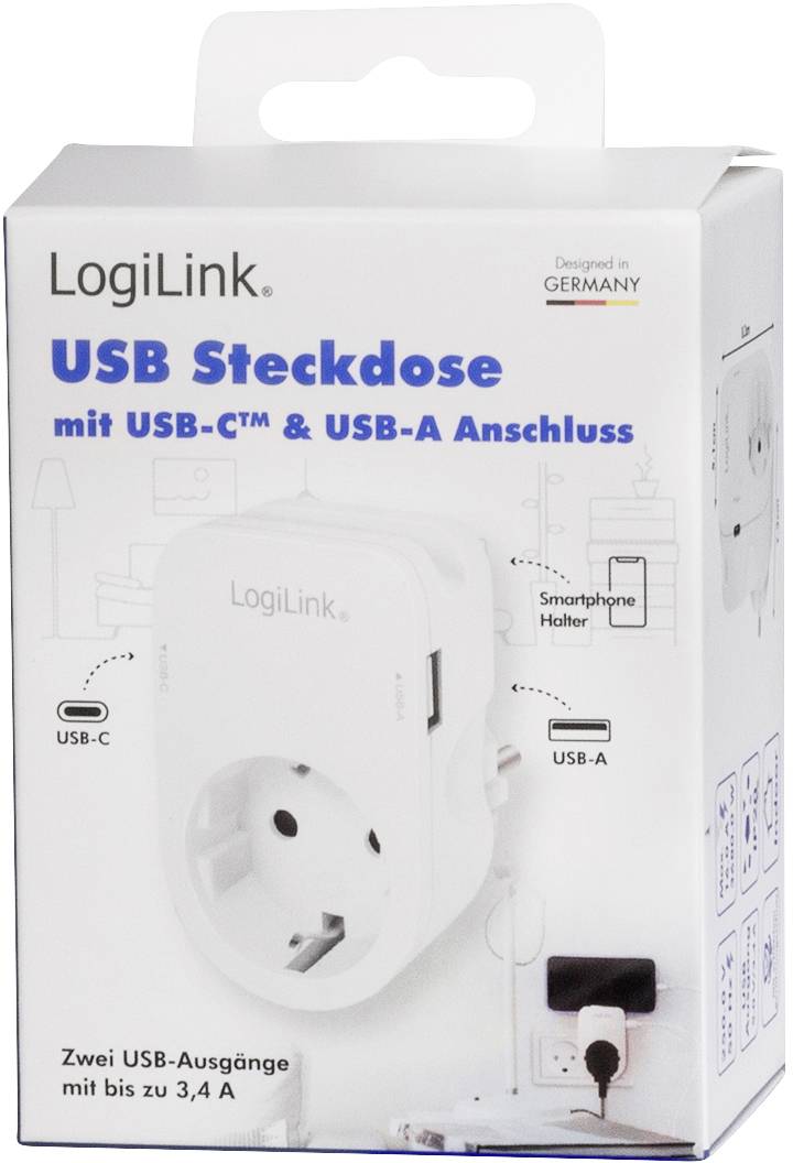 LogiLink PA0259 Anschlussdose mit USB-Ladeausgang, erhöhter Berührungsschutz, Überspannungsschutz IP20