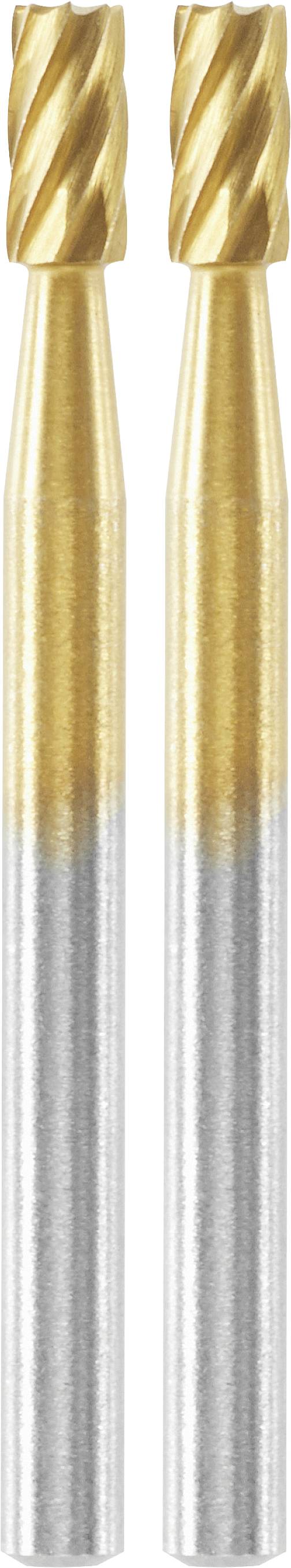 Zwei goldene und silberne Fräser nebeneinander, die für die Metallbearbeitung verwendet werden. Sie haben eine spiralige Schneide.