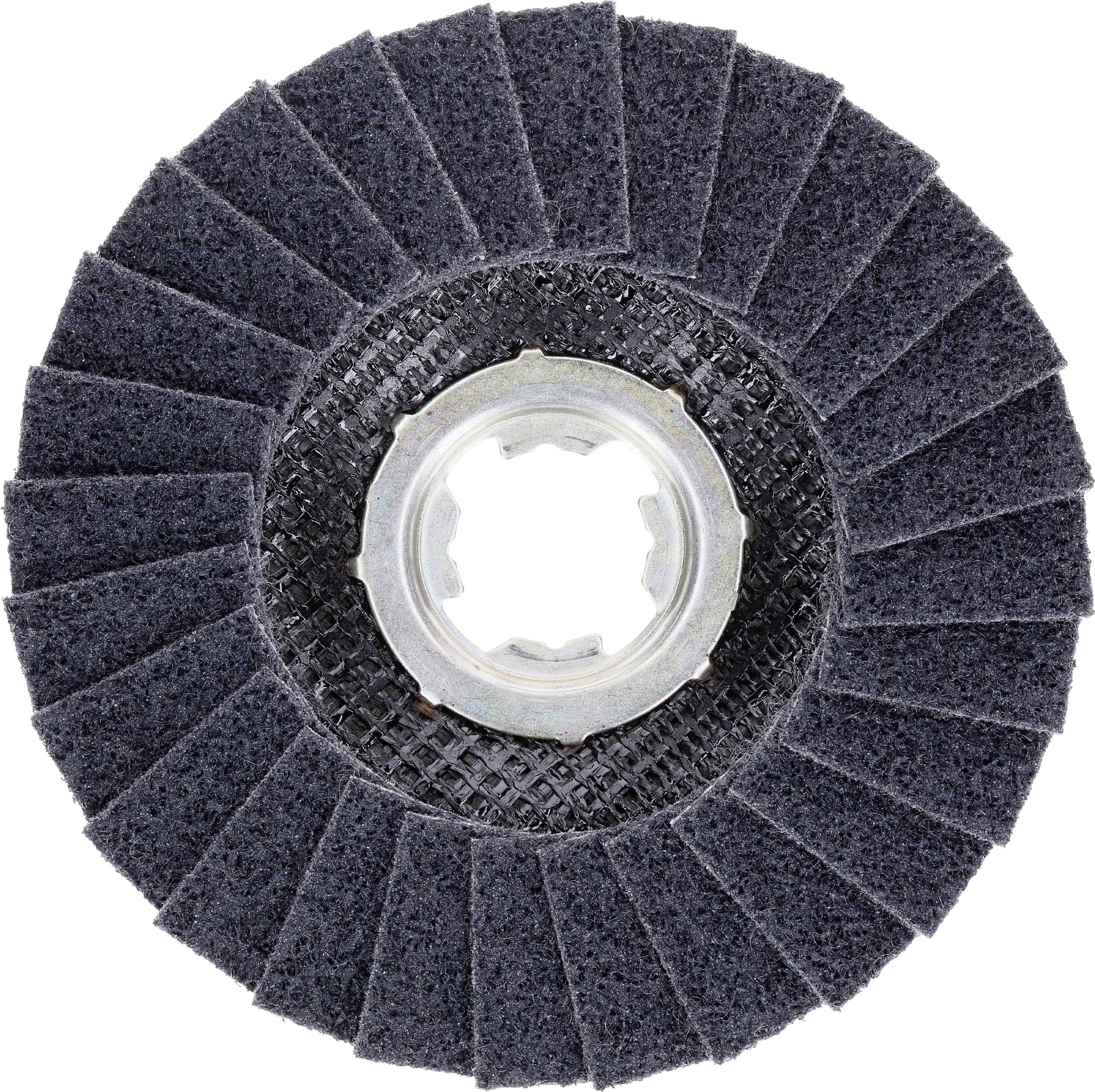 Eine Schleifklappe in dunkler Farbe, radial angeordnet, für Metallbearbeitung. Zeigt zentrale Öffnung für Montage auf Werkzeugen.