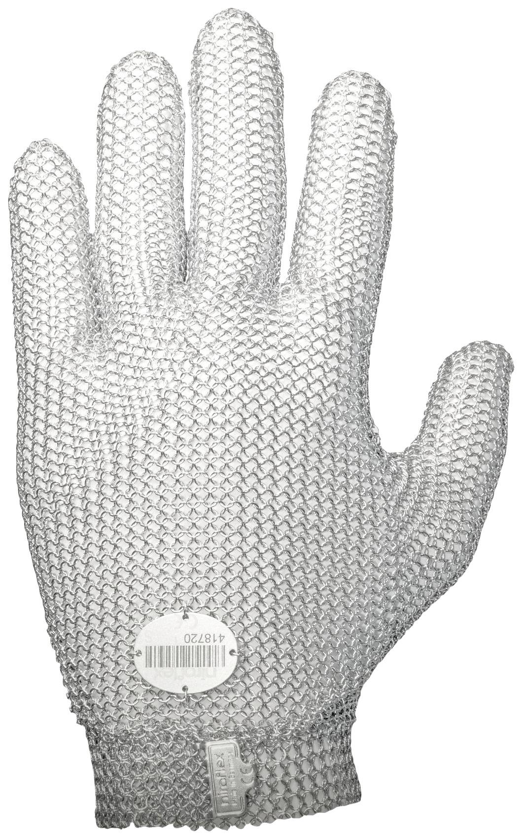 Metall-Kettenhandschuh mit Etikett auf der Handfläche. Schutzkleidung, häufig in Fleischverarbeitung zur Schnittverletzungsprävention verwendet.