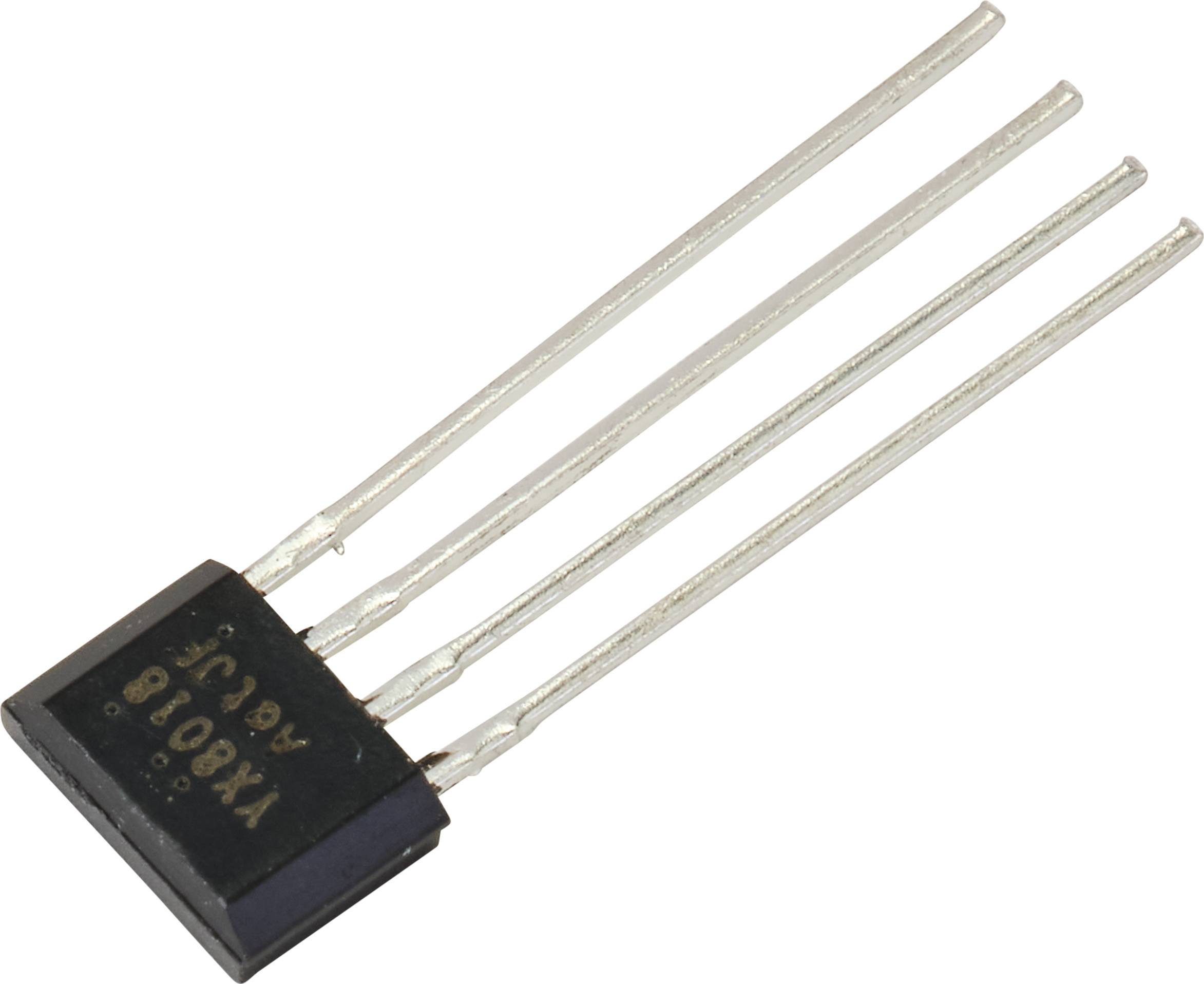 Ein schwarzer Halbleiter mit vier Metallpins, typischerweise ein Transistor, aus der Seitenansicht gezeigt.