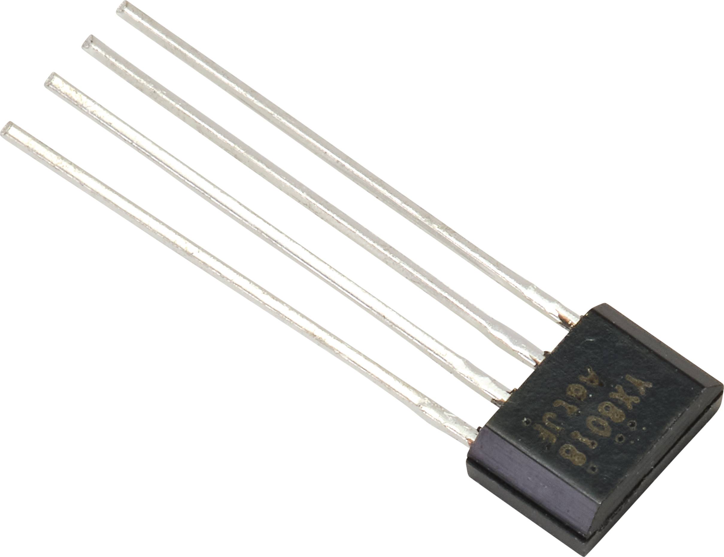 Ein Transistor mit vier Metallbeinen, fokussiert auf die Beinchen und die Beschriftung auf der schwarzen Gehäuseoberseite.