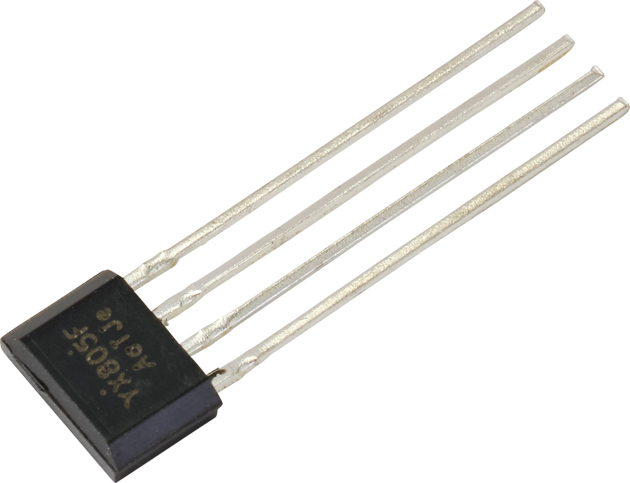 Schwarzer Halbleiterbaustein mit drei langen Metallpins zur elektrischen Verbindung, typischerweise in elektronischen Schaltungen verwendet.