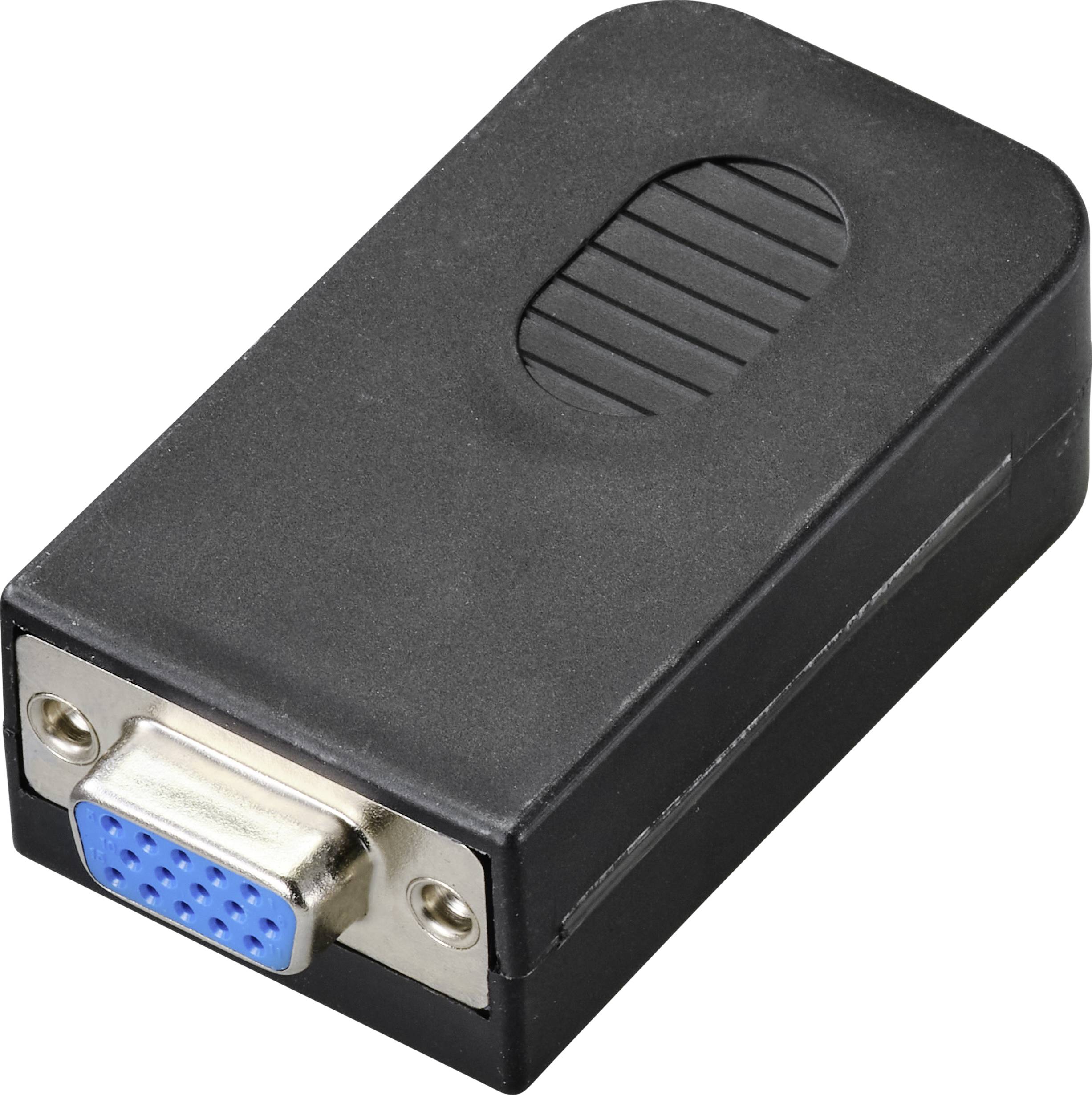 Schwarzer VGA-zu-HDMI-Adapter auf weißem Hintergrund. Adapter hat einen VGA-Stecker und HDMI-Buchse, ermöglicht Videoübertragung.