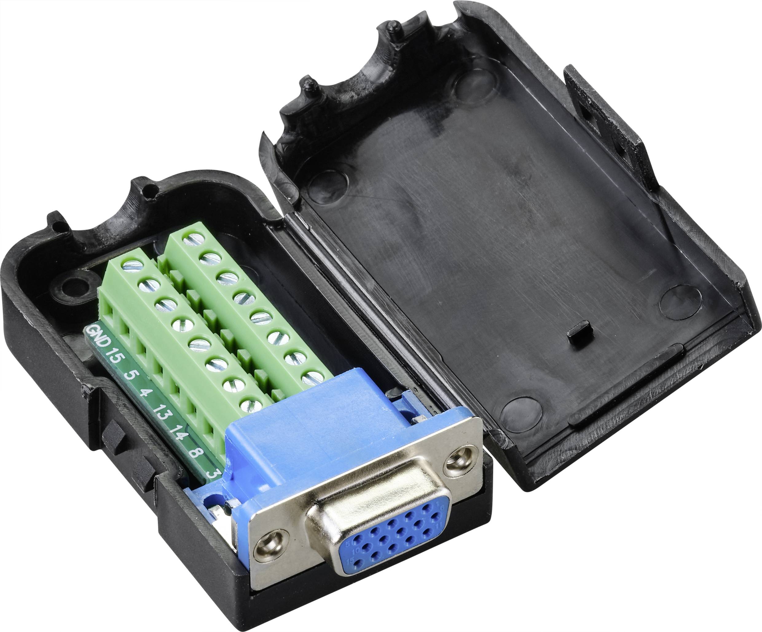 VGA-Adapter, geöffnet. Zeigt grüne Anschlussklemmen und blaue VGA-Buchse in schwarzem Gehäuse. Für Verbindungstechniken geeignet.