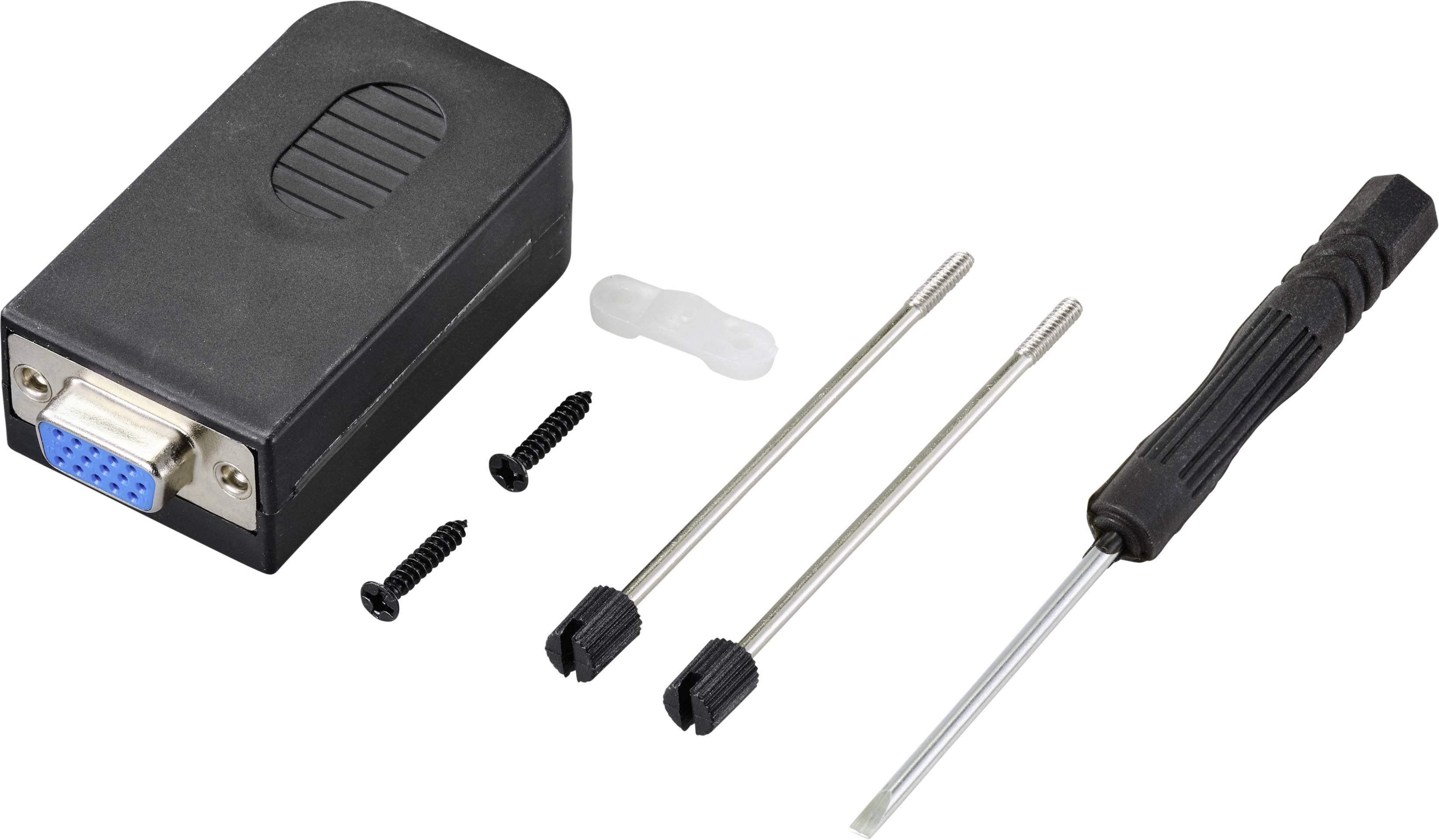 Ein Adapter mit VGA-Anschluss, zwei Schrauben, drei Dübel und ein Schraubenzieher liegen auf einer weißen Oberfläche.
