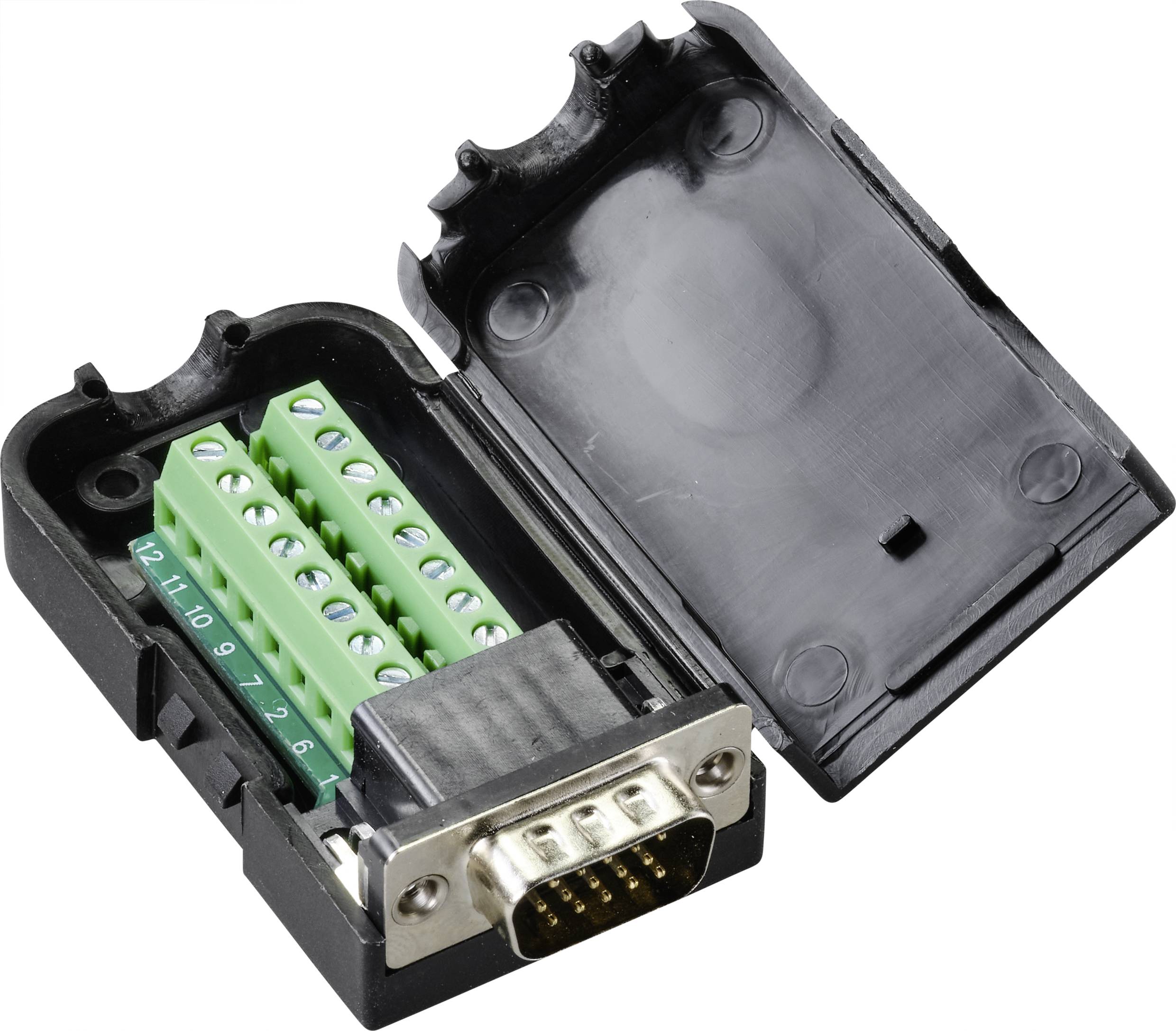 Geöffneter schwarzer Adapter mit grünen Anschlüssen und Schraubklemmen, zeigt elektrische Kontakte im Inneren.