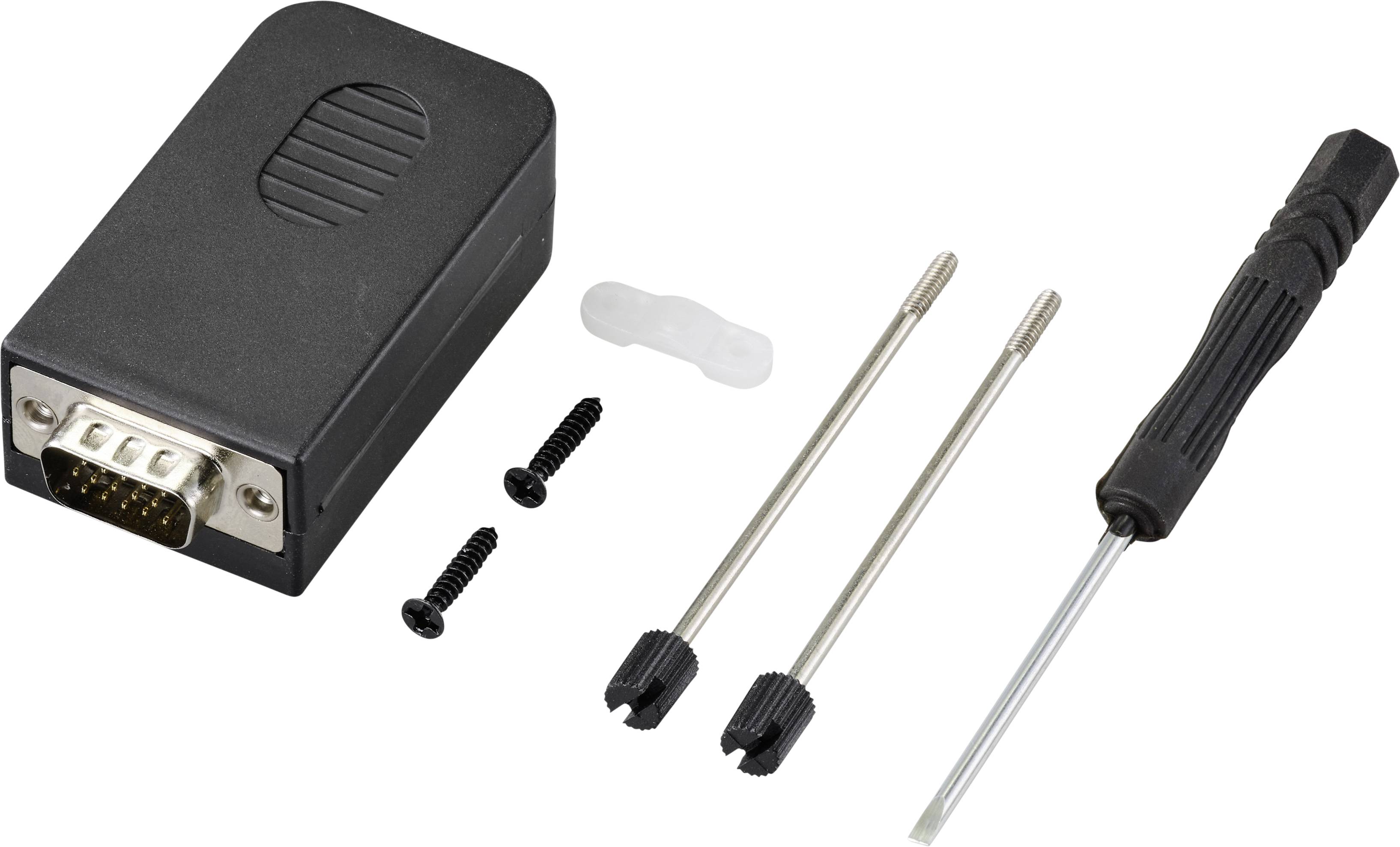 Ein schwarzer Adapter mit zwei Schrauben, zwei Stiften, einer Abdeckung und einem Schraubendreher. Teile zur Montage oder Reparatur.