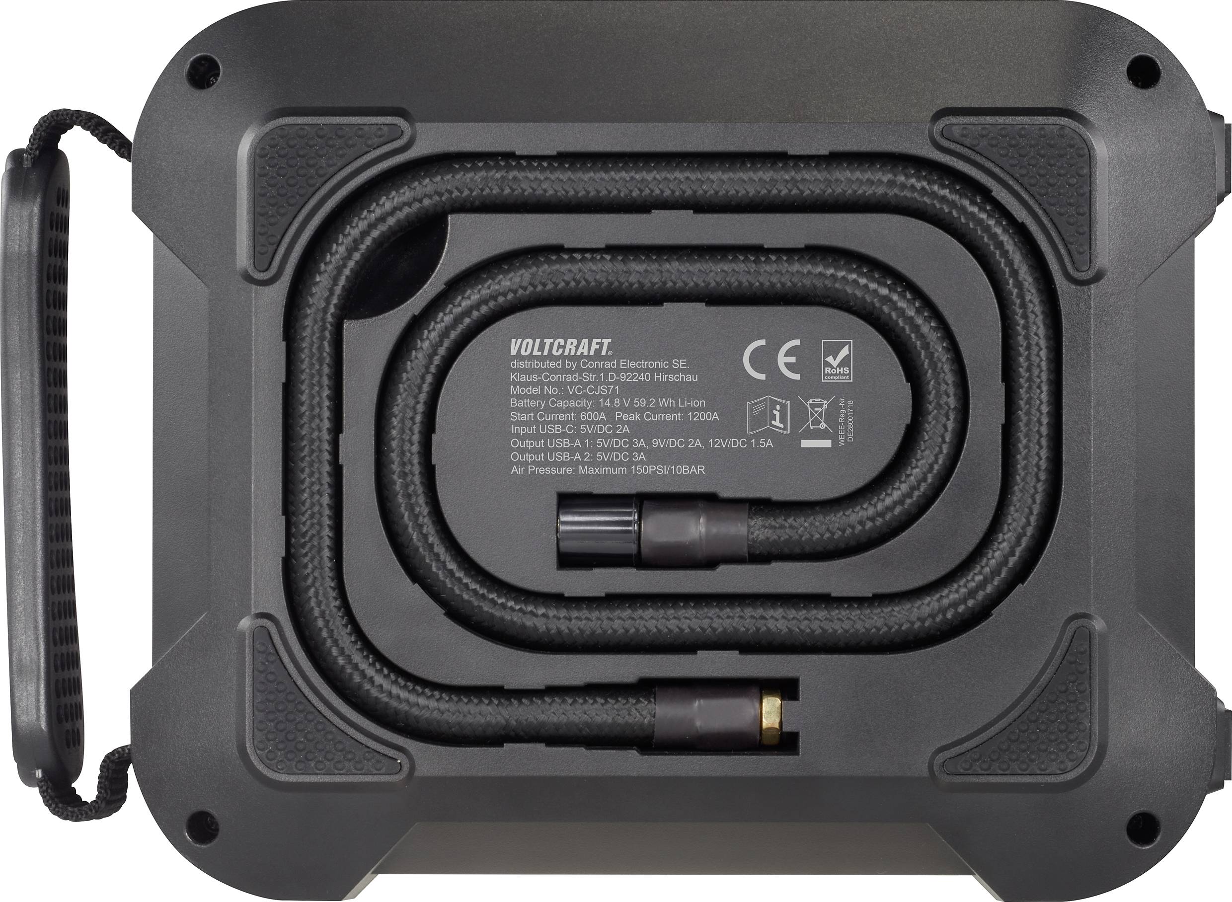 VOLTCRAFT Schnellstartsystem VC-CJS71 4in1 Jump-Starter-Starthilfegerät mit Kompressor VC-12180200 Starthilfestrom (12 V)=600A 12