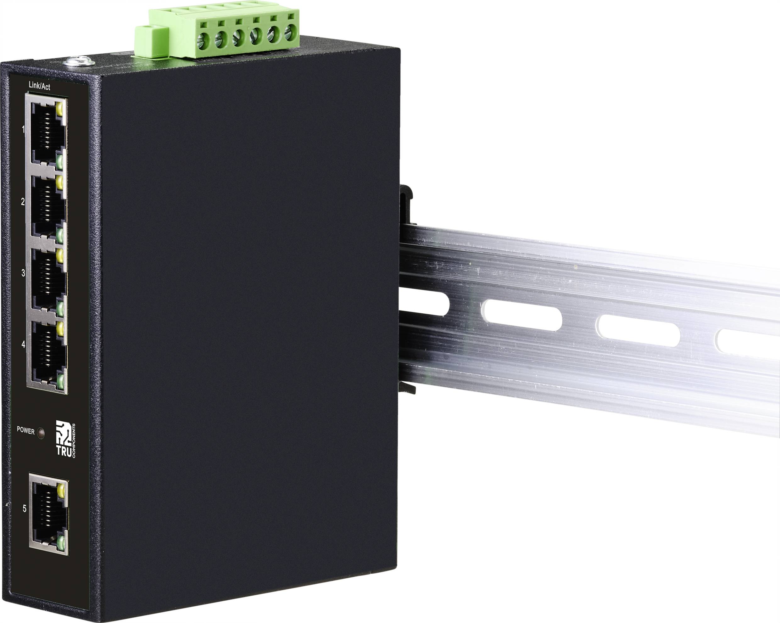 Schwarzer Netzwerk-Switch mit fünf Ethernet-Ports und grüner Anschlussleiste, montiert an einer Metall-DIN-Schiene.