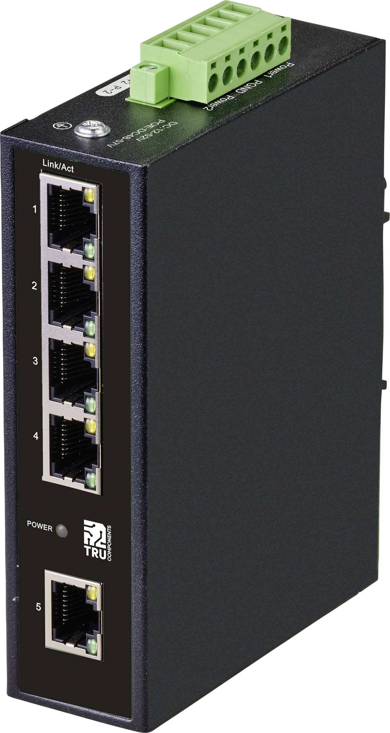 Ein schwarzer Netzwerk-Switch mit fünf Ethernet-Anschlüssen und grünem Anschlussblock oben, zur Verwendung in industriellen Netzwerken.