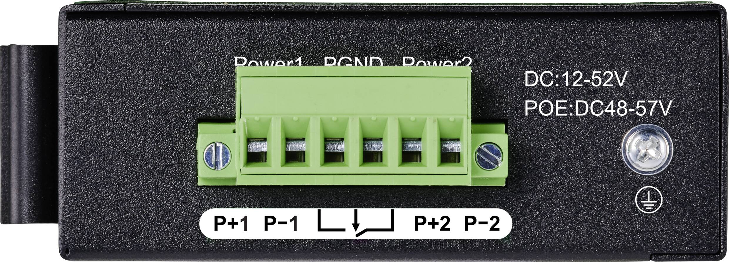 Ein schwarzer Adapter mit grünem Steckanschluss, ermöglicht eine Gleichstromversorgung von 12 bis 52 V oder PoE von 48 bis 57 V.