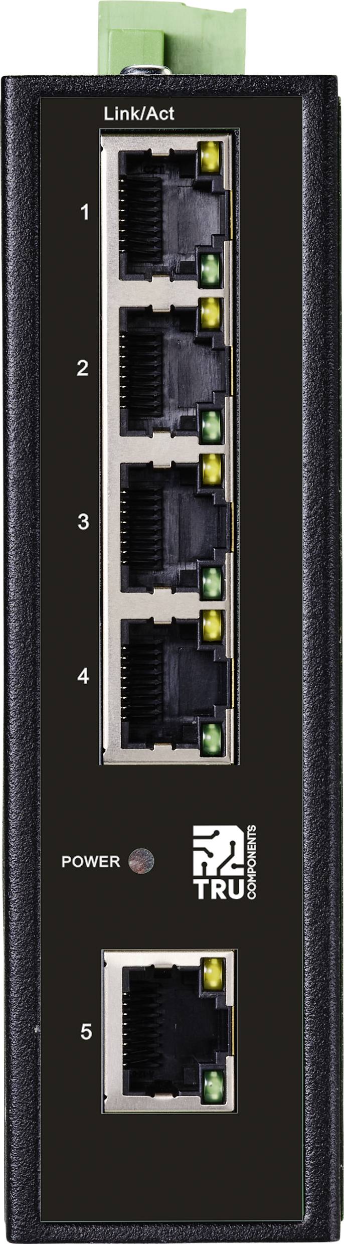 Ein schwarzer Netzwerk-Switch mit fünf Ethernet-Ports, nummeriert von 1 bis 5, und einer Power-LED-Anzeige. Oben steht 'Link/Act'.