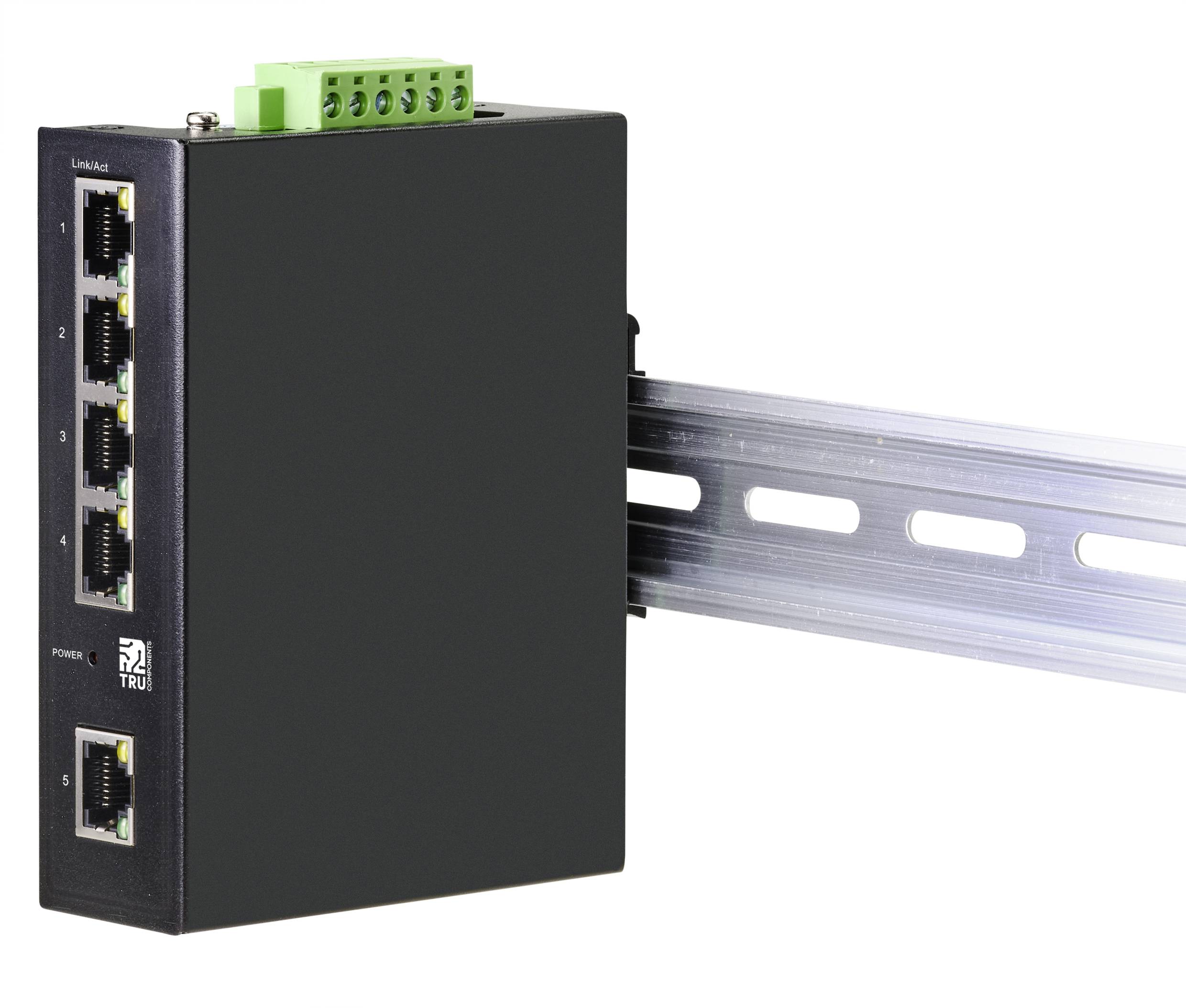 Ein schwarzer Ethernet-Netzwerk-Switch mit fünf Anschlüssen ist auf einer metallischen Hutschiene montiert.