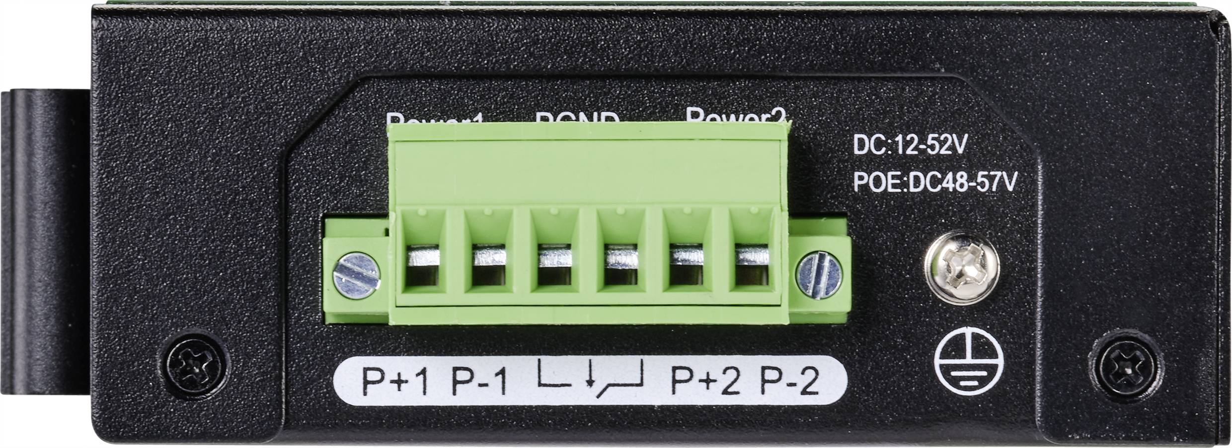 Bild einer elektrischen Anschlussklemme mit Beschriftungen P+1, P-1, P+2 und P-2, Spannungsbereich DC:12-52V und POE:DC48-57V.