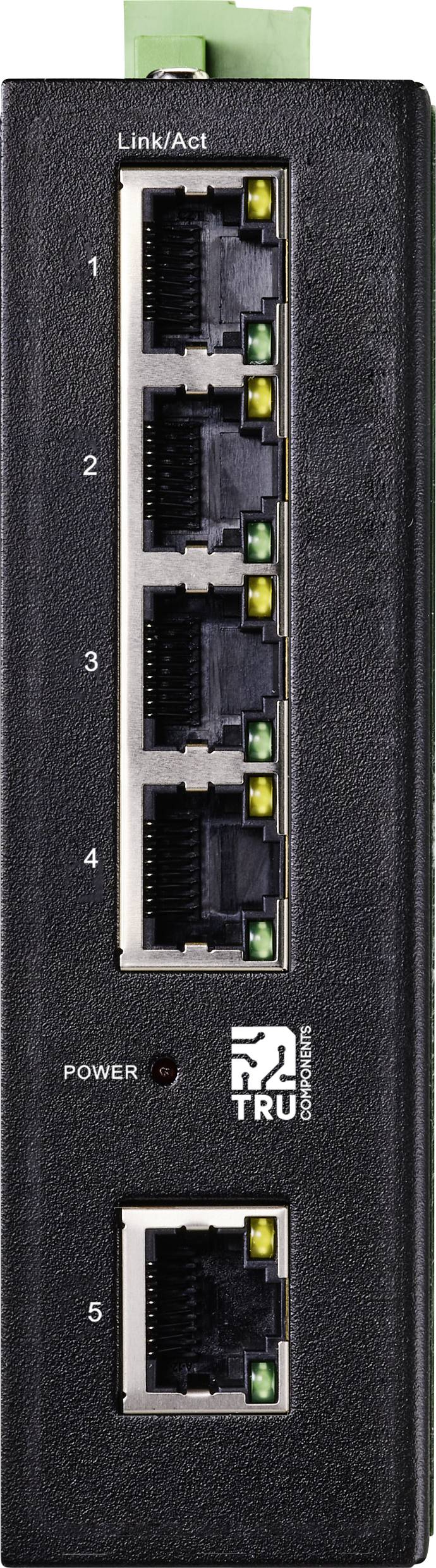 Ein schwarzer Netzwerk-Switch mit fünf Ethernet-Ports, nummeriert von 1 bis 5. Jeder Port hat eine Anzeige mit gelben und grünen LEDs.
