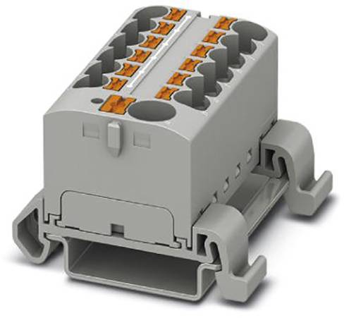 Grauer elektrischer Steckverbinder mit mehreren Anschlüssen und orangenen Clip-Verschlüssen, geeignet für die Hutschienenmontage.