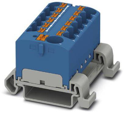 Elektrischer Steckverbinder in Blau und Grau mit mehreren Anschlussklemmen und seitlichen Befestigungselementen.