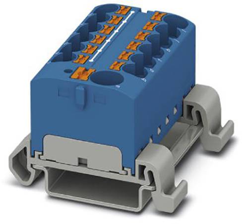Ein blauer elektrischer Steckverbinder mit orangen Anschlüssen, montiert auf einer grauen Basis, für elektrische Verdrahtung.