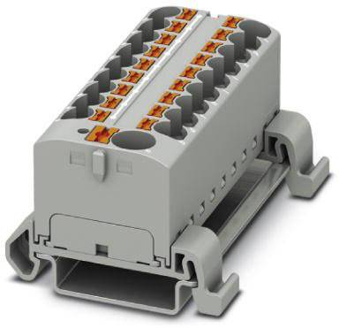 Ein grauer elektrischer Steckverbinder mit orangenen Klemmen, montiert auf einer Schiene. Dient zur sicheren Verbindung von Kabeln.