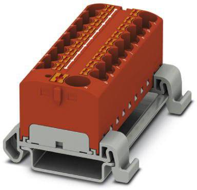 Rote, mehrstöckige elektrische Klemme mit grauem Sockel, geeignet für industrielle Schaltschrankinstallationen.