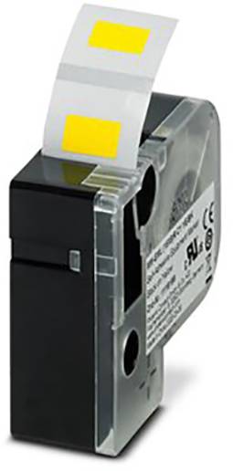 Eine schwarze und transparente Patronenkassette mit herausragendem gelbem Etikett.