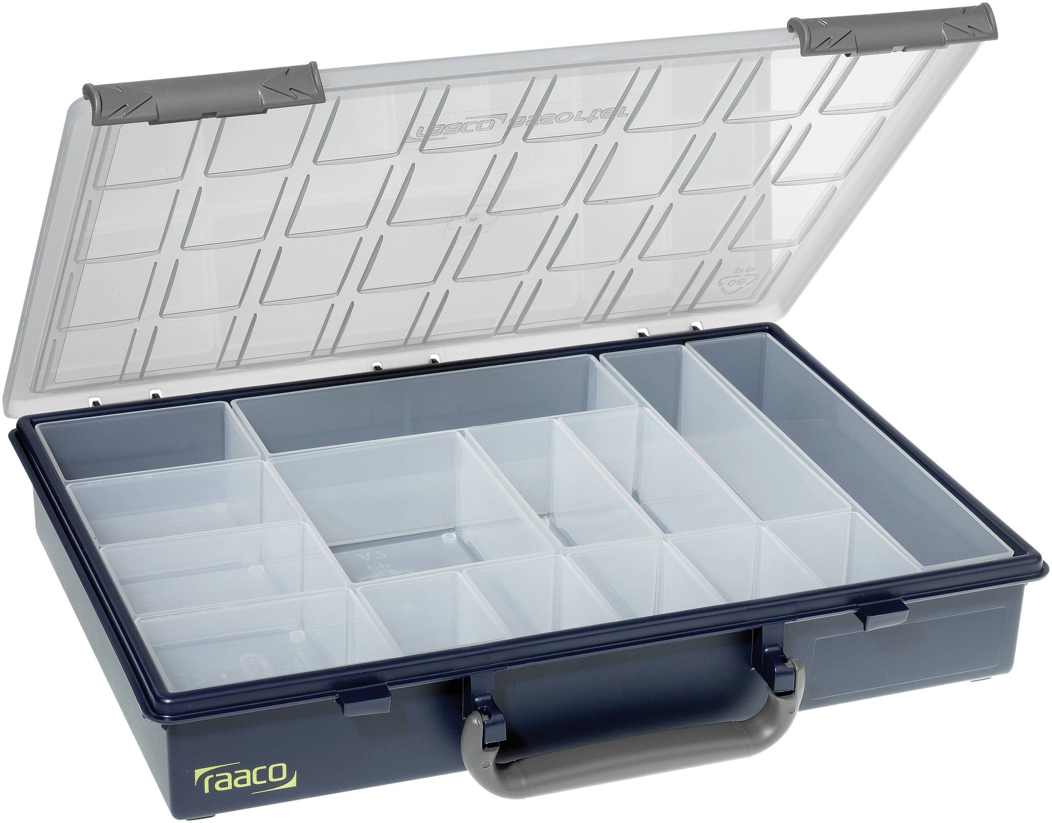 Transparente Sortierbox mit mehreren Fächern und einem Griff, geeignet zur Aufbewahrung kleinerer Gegenstände, mit offenem Deckel.