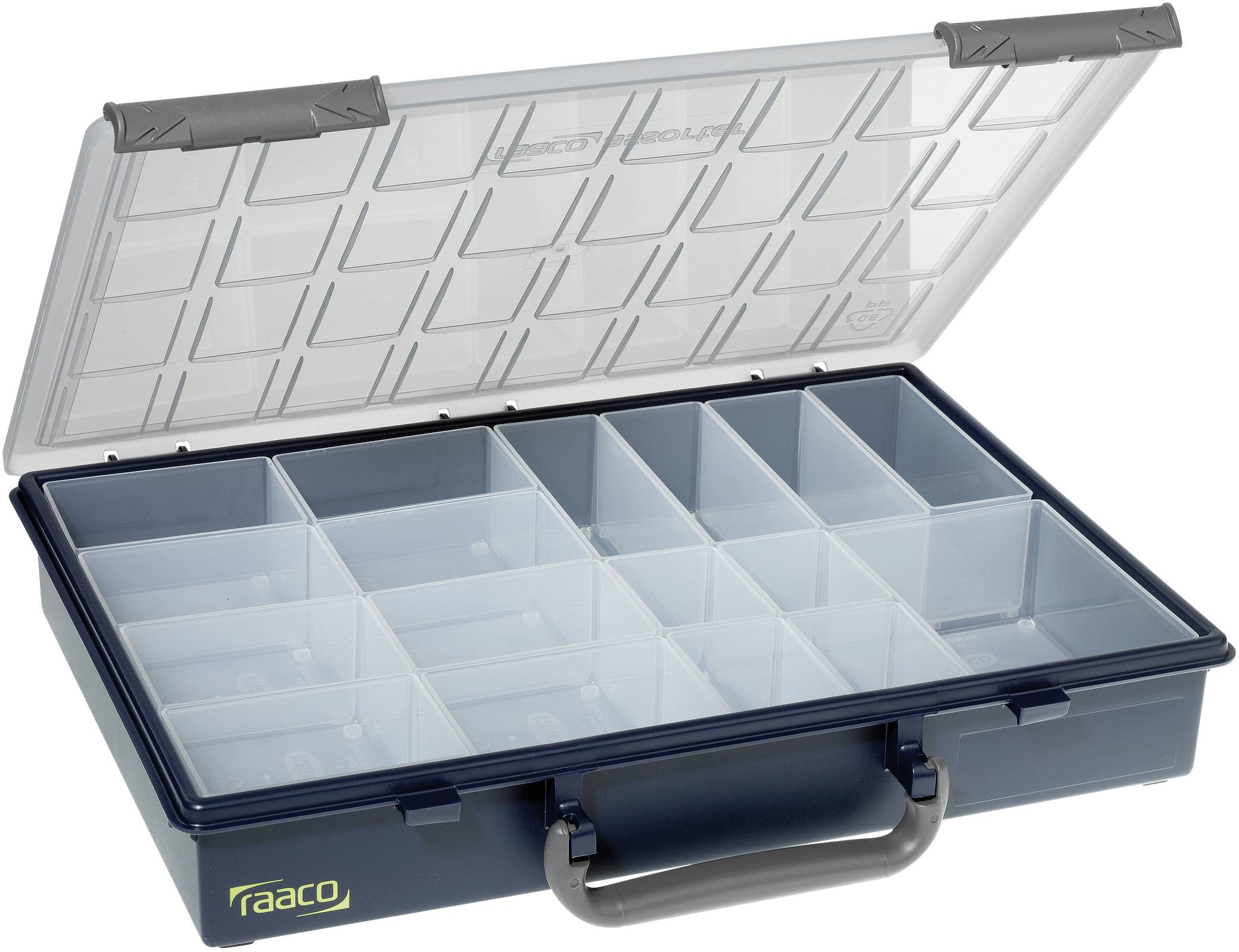 Geöffnete Kunststoff-Box mit transparentem Deckel und flexiblem Fächerlayout zur Organisation kleiner Gegenstände. Kunststoffgriff vorne.