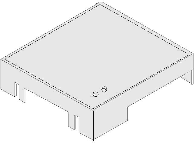 Isometrische Zeichnung einer rechteckigen Box mit zwei kleinen runden Öffnungen auf der Oberseite; keine weiteren Details ersichtlich.