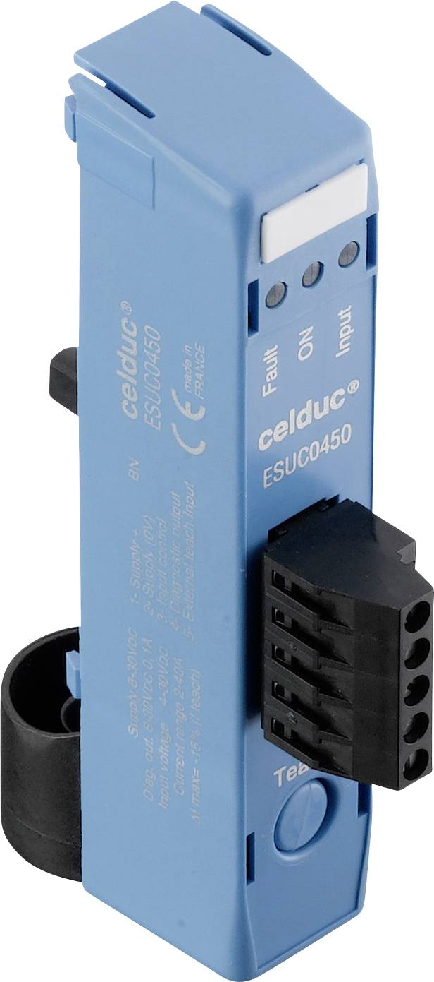 Elektronisches Relais von Celduc, Modell ESUC0450, blaues Gehäuse, schwarze Anschlüsse auf einer Seite.
