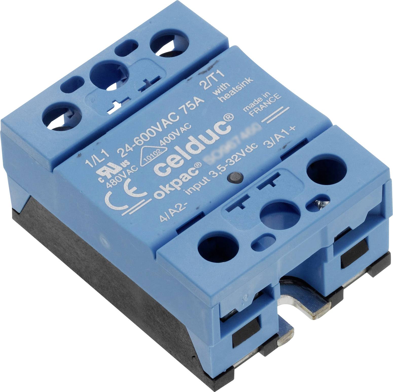 Blauer Solid-State-Relaisblock von Celduc mit Spezifikationen und Logos aufgedruckt.