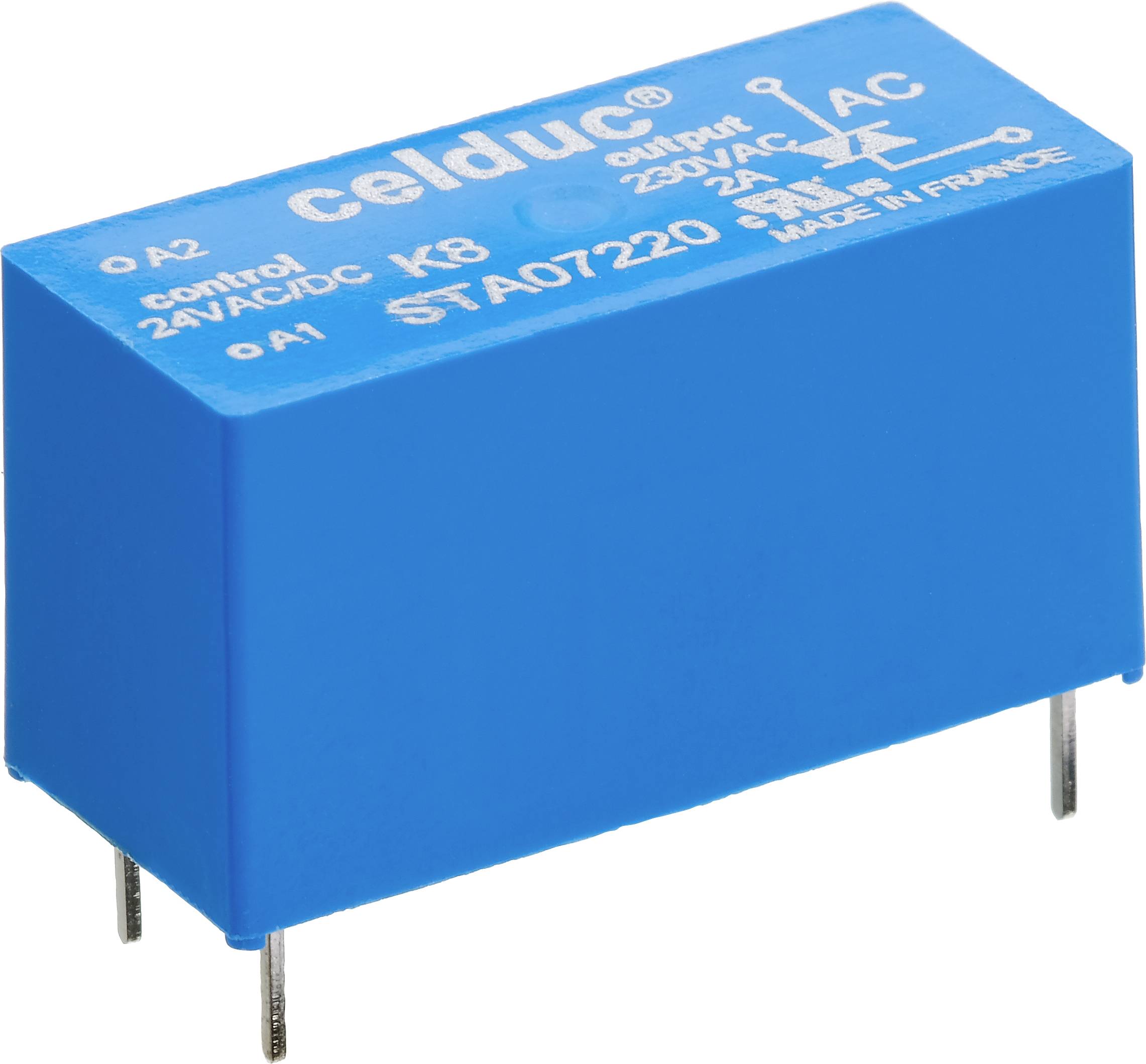 Ein blaues Relais mit der Aufschrift 'celduc', geeignet für 24V AC/DC Kontrolle und 230V AC Strom, Modell STA07220, hergestellt in Frankreich.