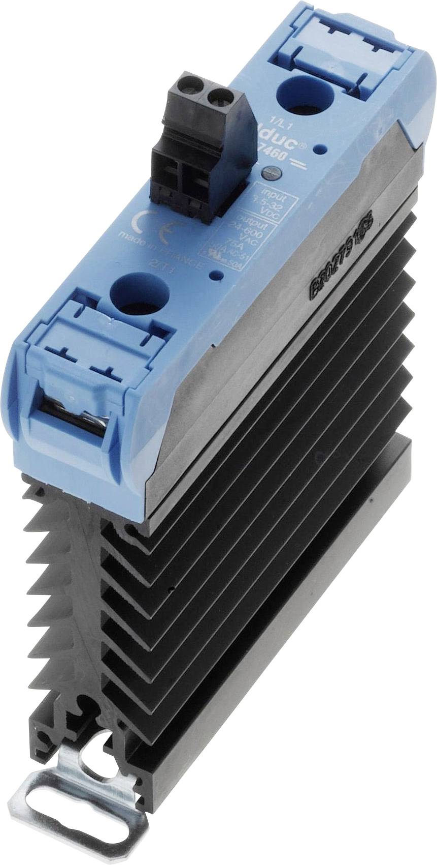 Elektronisches Modul mit blauem Gehäuse und schwarzem Kühlkörper auf Metallhalterung, für industrielle Anwendungen.