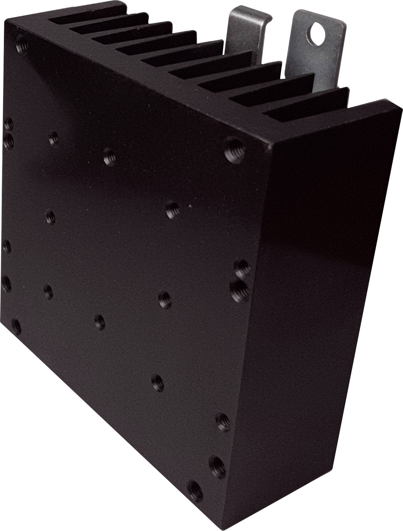 Ein rechteckiger schwarzer Kühlkörper aus Metall mit mehreren Rippen zur Wärmeableitung, seitlich gezeigt. Geeignet für elektronische Geräte.