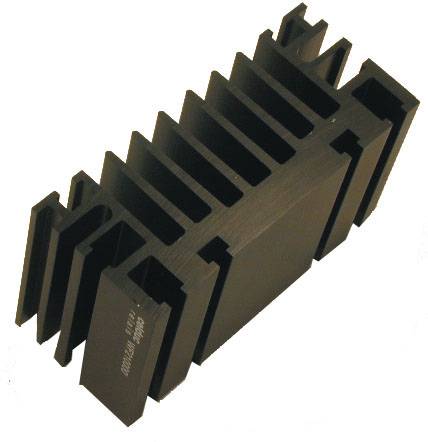 Ein schwarzer Kühlkörper mit mehreren gerippten Lamellen zur Wärmeableitung, aus Metall gefertigt, für elektronische Bauteile geeignet.