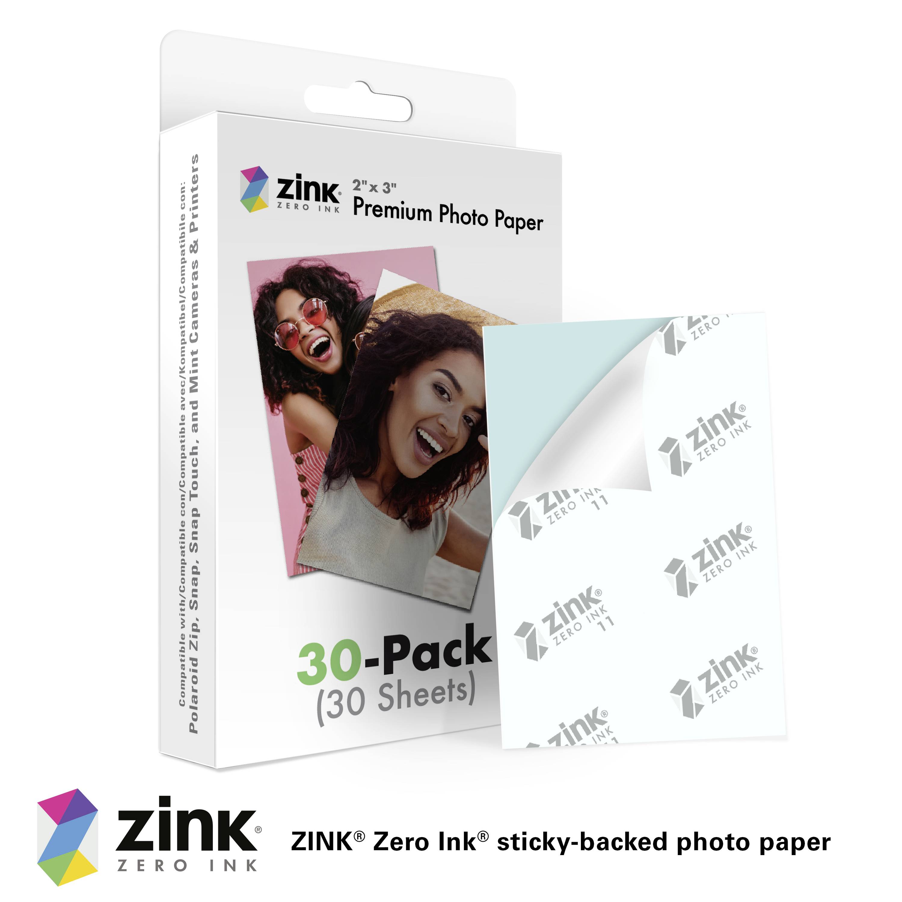 Verpackung von ZINK Zero Ink Premium-Fotopapier mit 30 selbstklebenden Blättern im Format 2