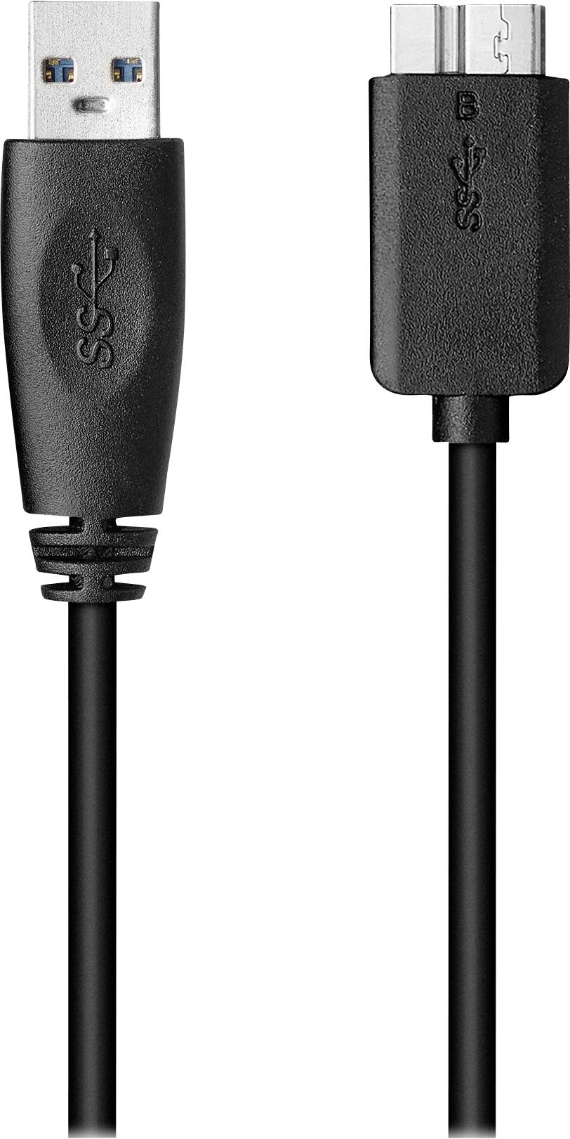 USB-Kabel mit USB 3.0-Typ-A-Stecker links und Micro-USB-B-Stecker rechts.