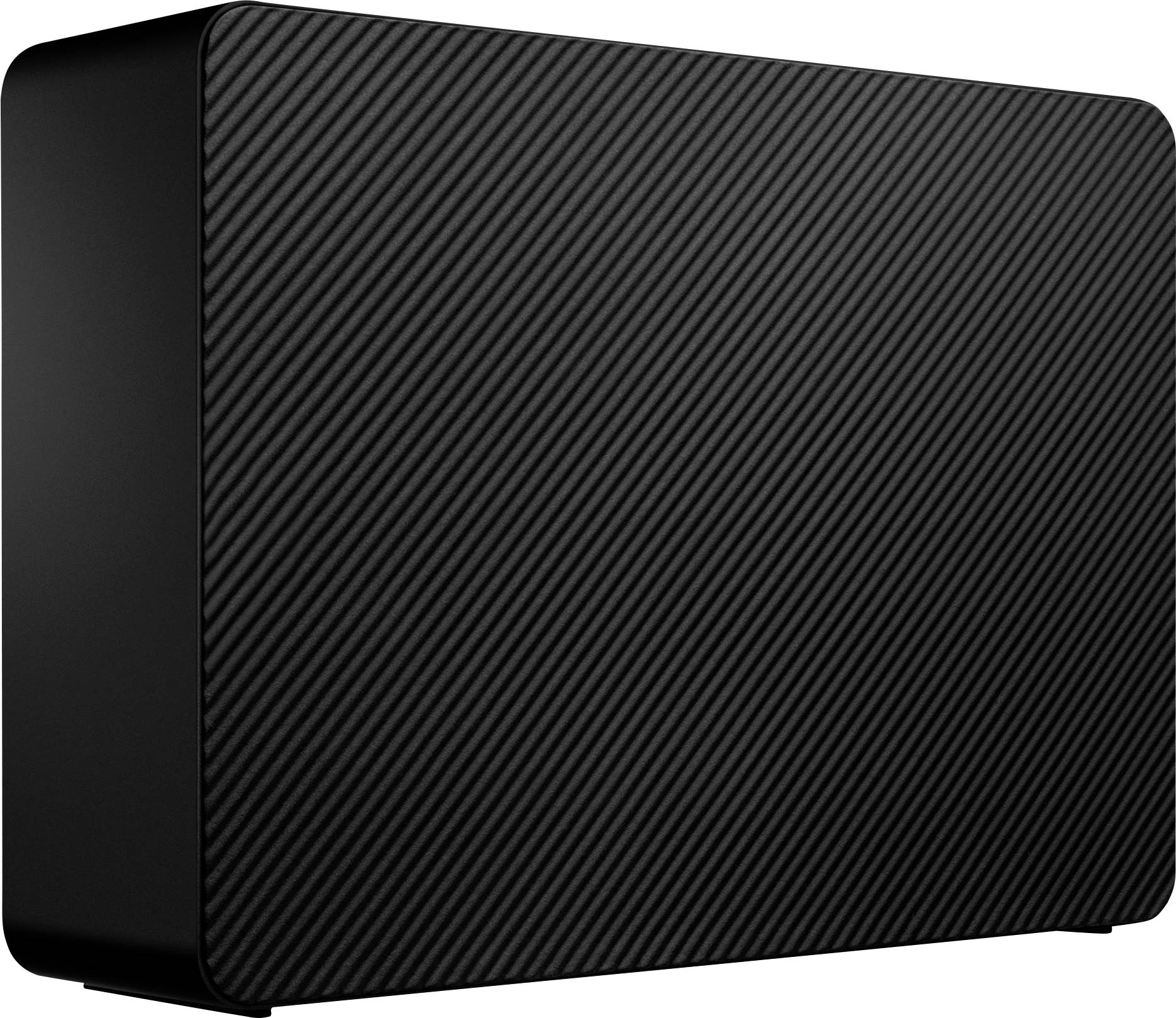 Schwarze externe Festplatte mit geriffelter Oberfläche, rechteckige Form, Seitenansicht. Ideal für zusätzliche Datenspeicherung.