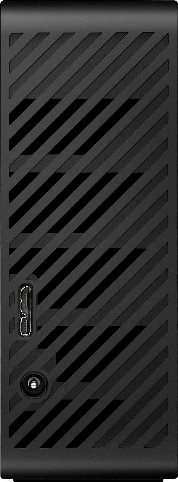 Schwarzes Computergehäuse, vertikale Lüftungsschlitze, HDMI-Anschluss und runde Öffnung vorne sichtbar.