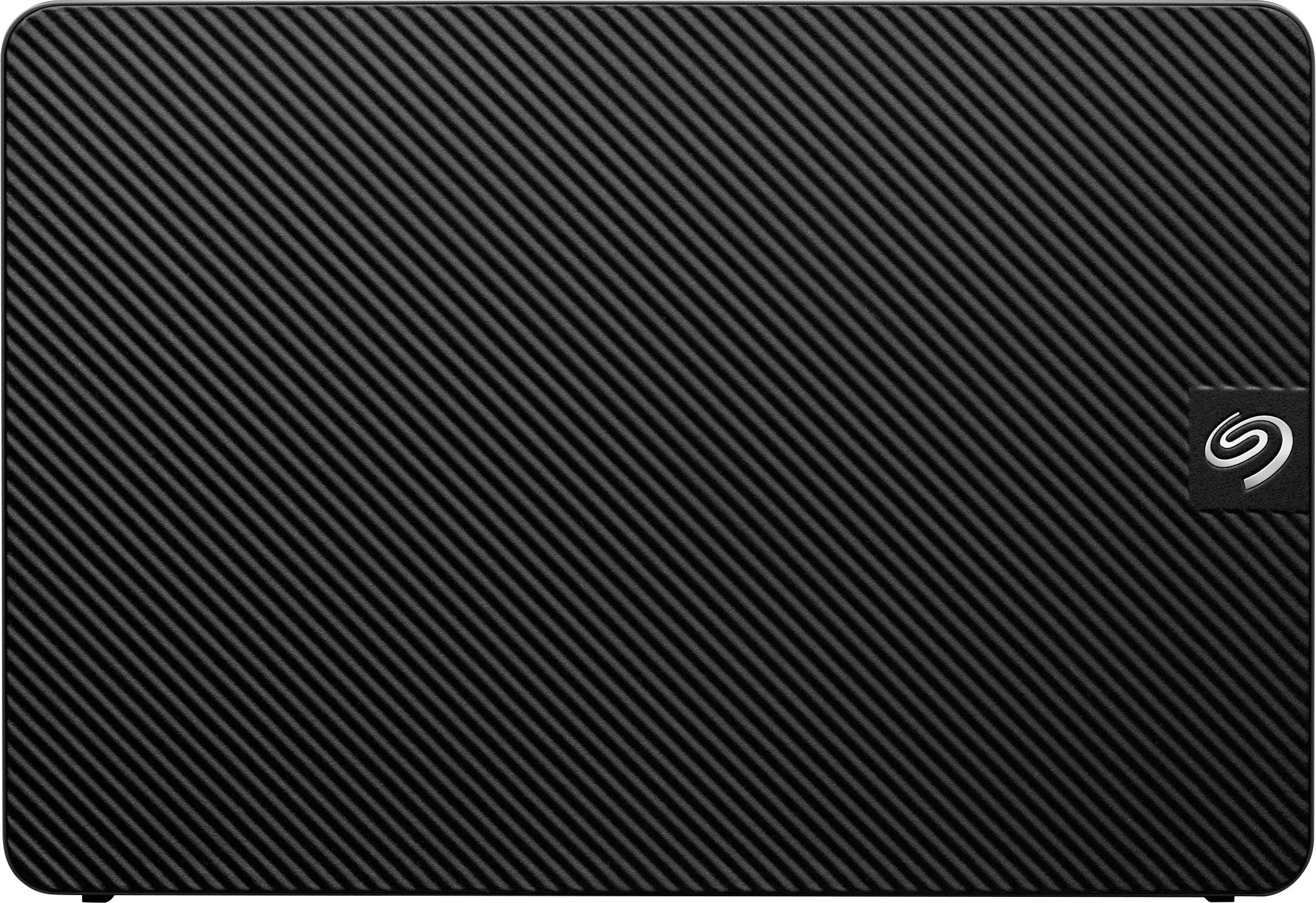 Externe Festplatte mit schwarzem, geriffeltem Gehäuse und kleinem Logo in der Ecke.