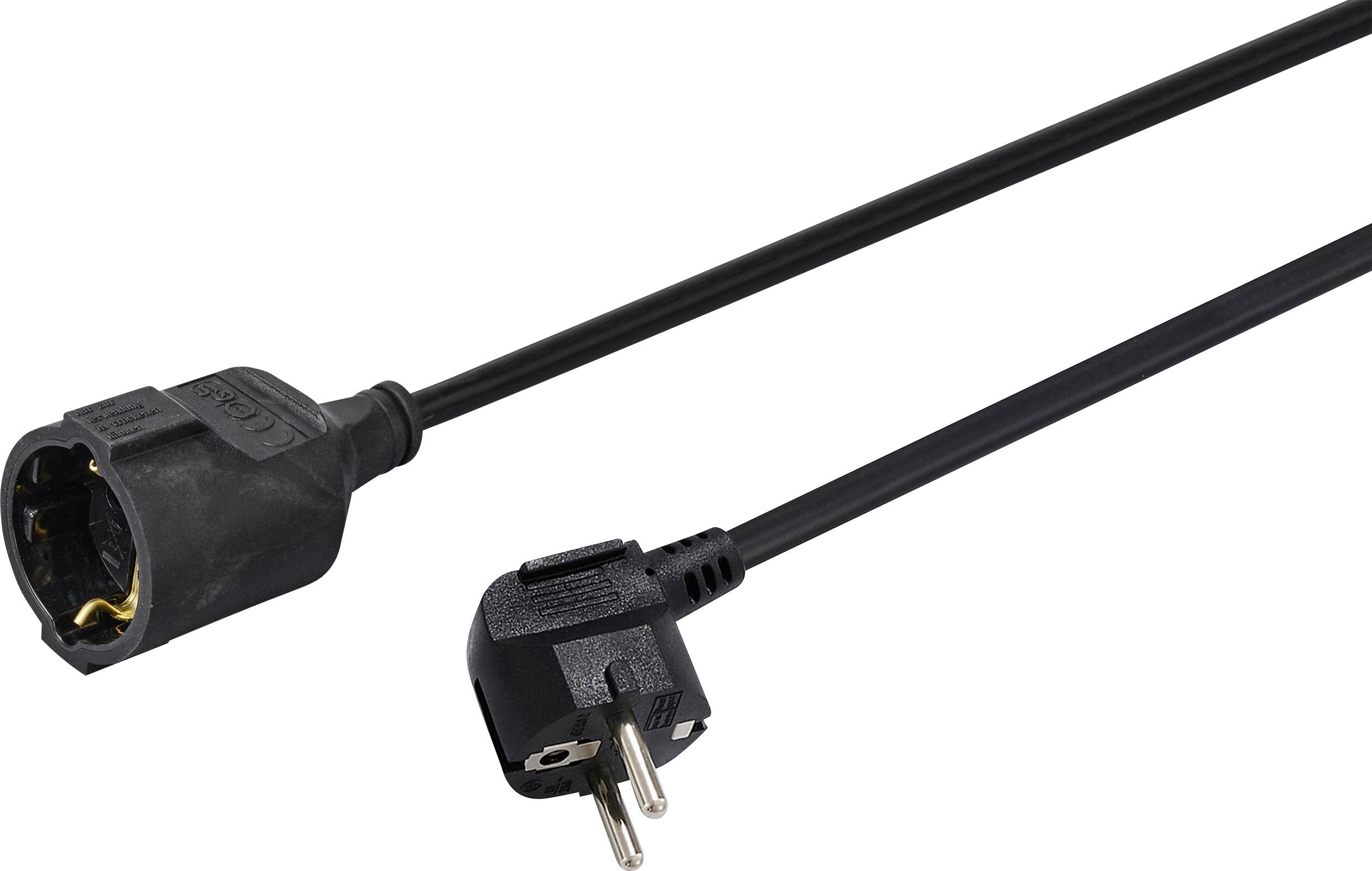 Ein schwarzes Verlängerungskabel mit Steckdose und Stecker, die unverbindlich auf einem weißen Hintergrund abgebildet sind.