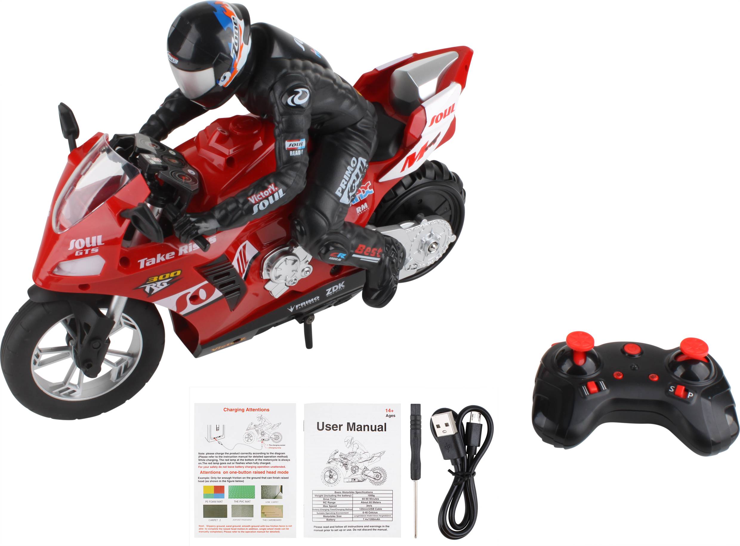 2436324 Stunt motorcycle 1:6 RC Einsteiger Motorrad Motorrad inkl. Akku und Ladekabel, mit Lichteffekt, mit Geräuschefunktion