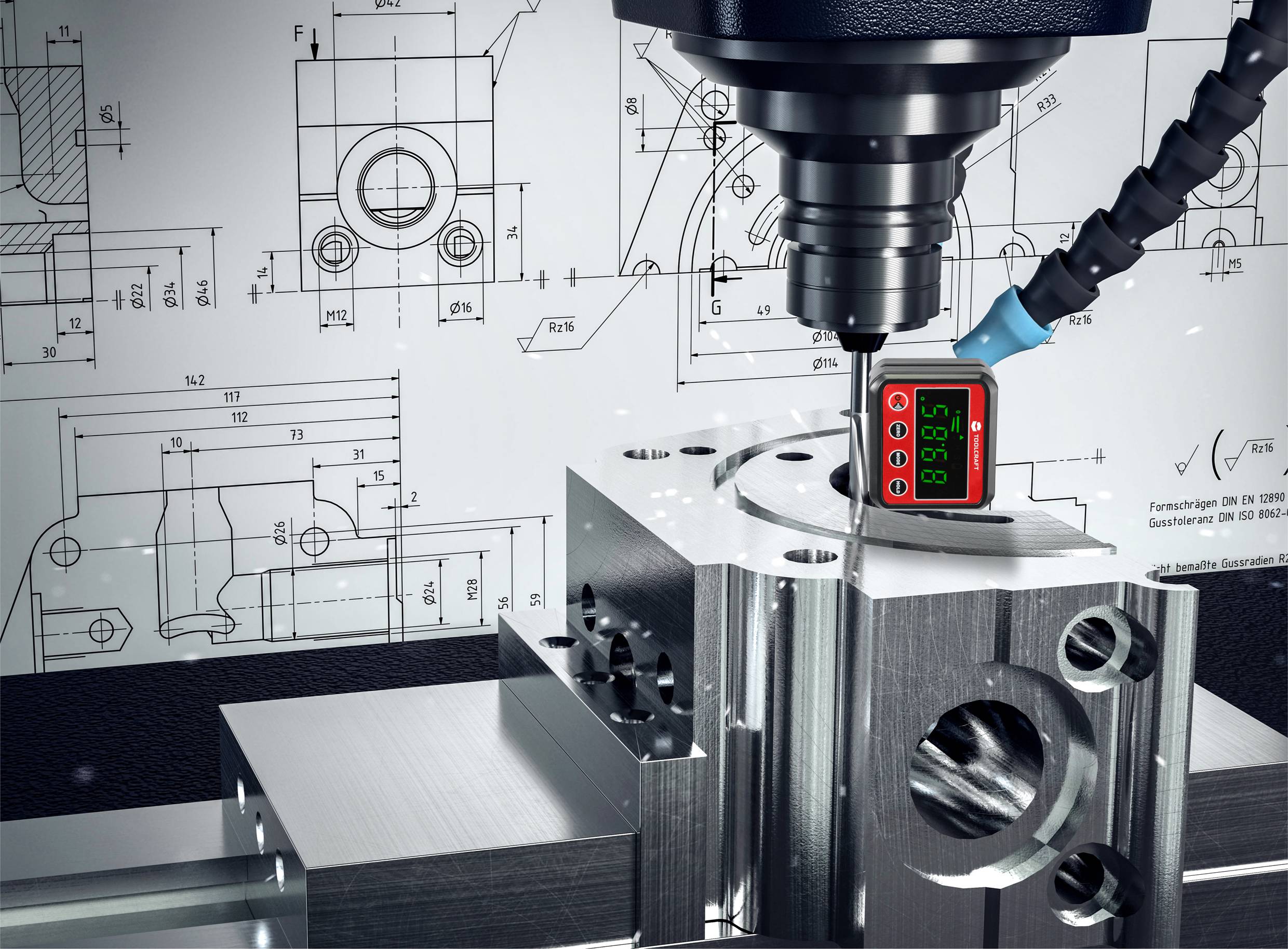 'Bohrmaschine bearbeitet Metallblock', mit technischer Zeichnung im Hintergrund. Eine Anzeige zeigt Messwerte für Präzision an.