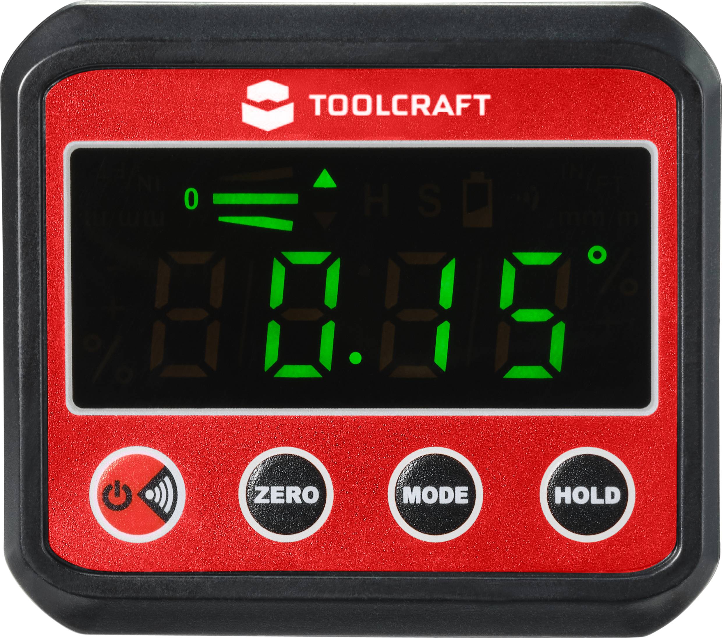 Digitaler Neigungsmesser mit rotem Gehäuse, zeigt Winkel von 0,15 Grad auf dem Display an. Drei Tasten: 'ZERO', 'MODE', 'HOLD'.