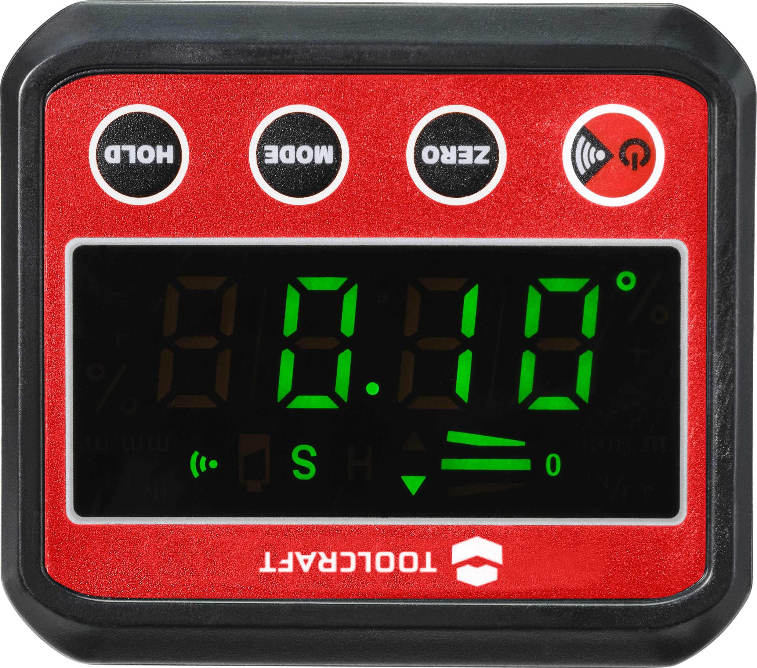 Digitaler Neigungsmesser mit rotem Gehäuse, Anzeige zeigt '0.10°'. Oben Funktionstasten: 'Hold', 'Mode', 'Zero'.