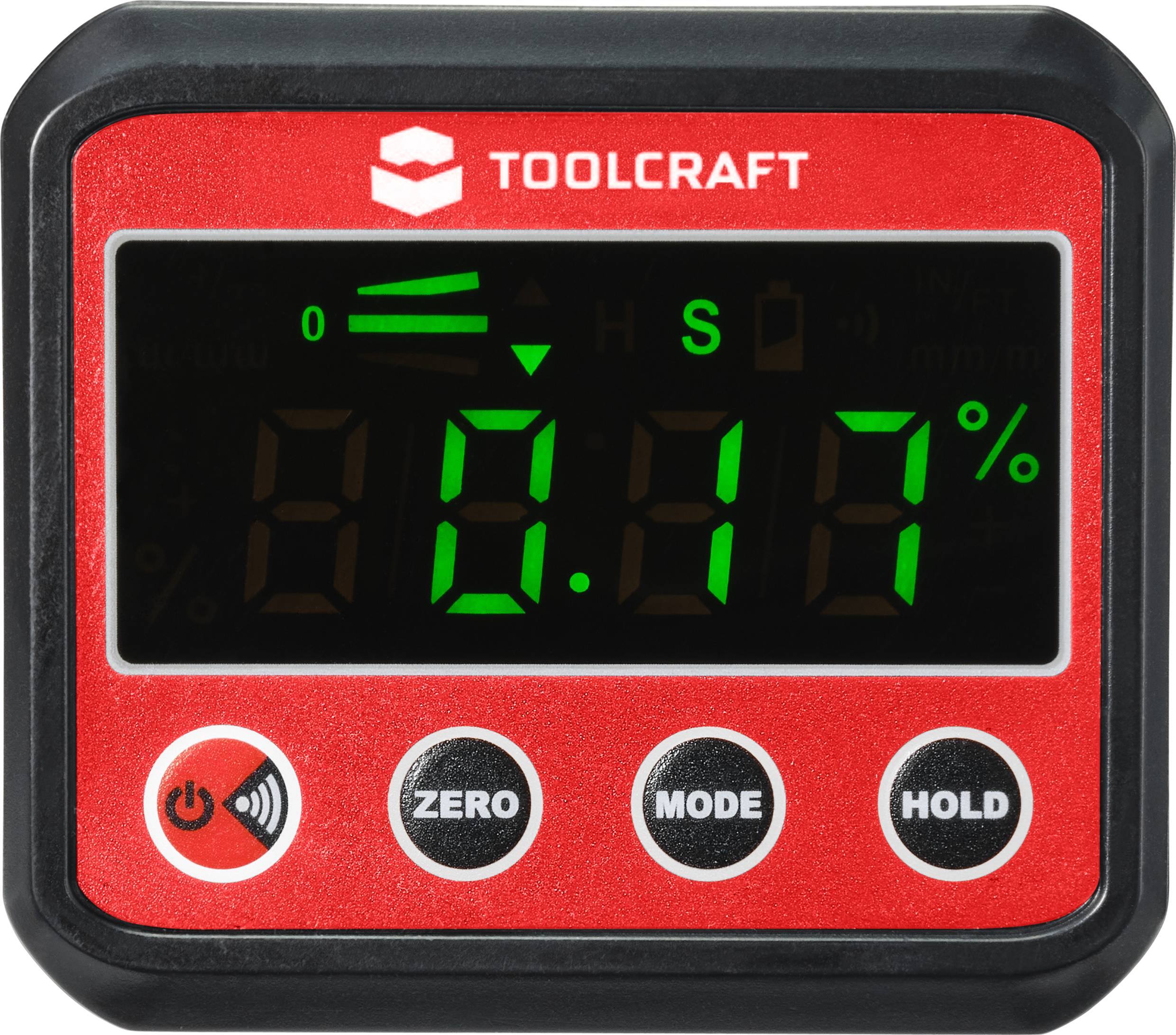 Elektronischer Winkelmesser, zeigt '0.0°' an, mit Tasten für Nullstellung, Modus und Halten. Herstellername oben.
